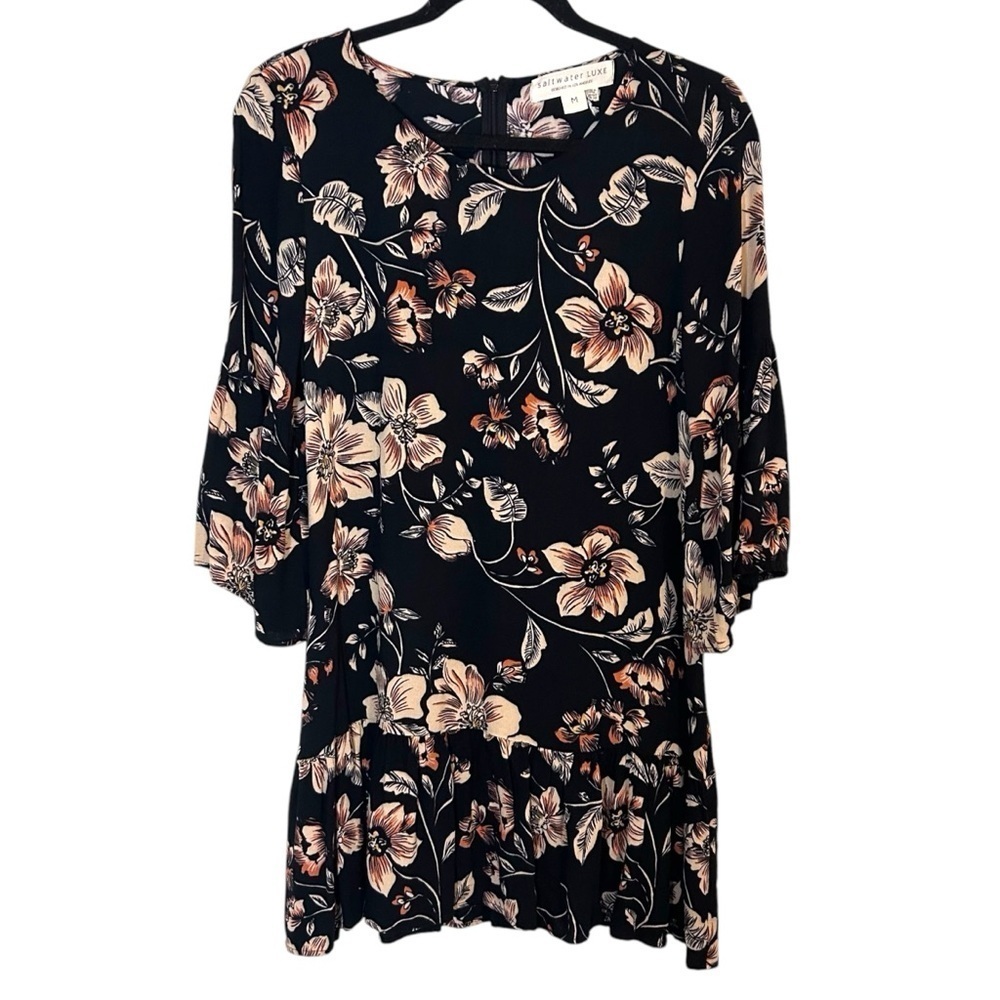 SaltwaterLUXE Black Hibiscus Bell Sleeve Ruffle Hem Mini Dress- Size Medium